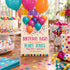 A colorful birthday party invitation card reading 'BIRTHDAY BASH! Come Celebrate MARY JONES May 25th | 2pm-5pm 1234 Main Street' is displayed on a decorated party table with balloons, cake, plates, cups, and confetti.