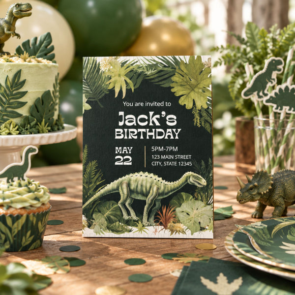 A dinosaur-themed birthday invitation card is displayed on a wooden table surrounded by matching party decorations, including plates, cups, balloons, and a decorated cake.