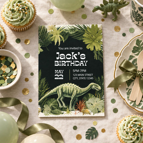 A styled flat-lay of a dinosaur-themed birthday invitation card surrounded by matching party decorations, including cupcakes, plates, confetti, ribbons, and small dinosaur toys on a light fabric background.