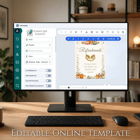 A desktop monitor on a wooden desk displays an editable online template design for a fall-themed 'Refreshments' sign. The screen shows the Sunny Jar Events design interface with autumn decorations like pumpkins, leaves, and a bird.