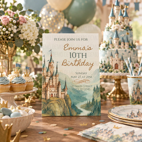 A printed birthday invitation card featuring a watercolor-style castle illustration and the text 'Emma's 10th Birthday,' styled on a party table with cupcakes, plates, balloons, and a matching castle cake in the background.