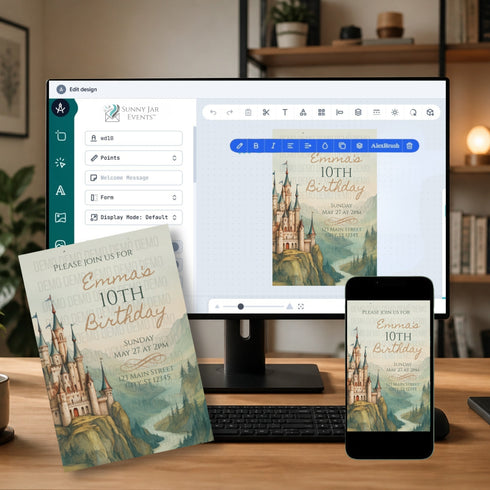 A digital invitation template shown on a desktop monitor and phone, with a printed version standing in front on a desk. The design features a castle illustration with pastel blue, green, and beige tones, and the Sunny Jar Events brand is visible in the editing interface.