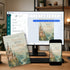 A digital invitation template shown on a desktop monitor and phone, with a printed version standing in front on a desk. The design features a castle illustration with pastel blue, green, and beige tones, and the Sunny Jar Events brand is visible in the editing interface.