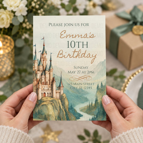 A person holds a custom watercolor-style 10th birthday invitation card featuring a castle illustration. The card has elegant text reading 'Emma's 10th Birthday' and event details.