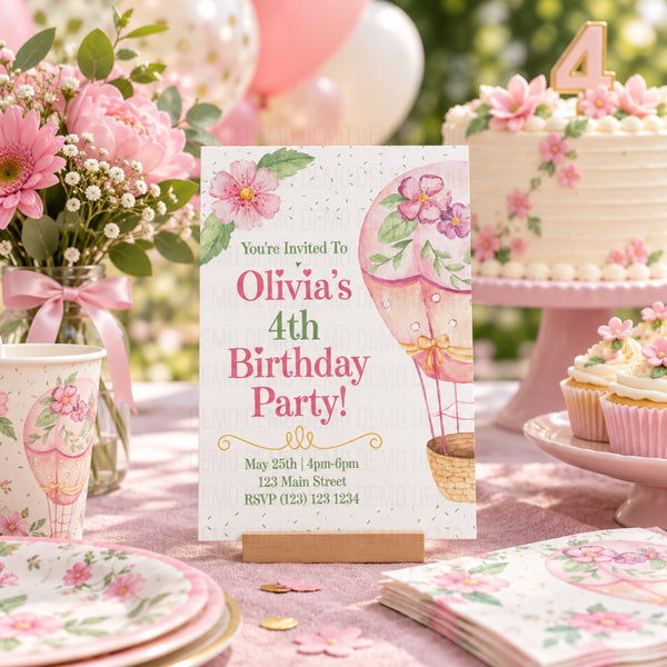 A pink and white hot air balloon themed 4th birthday party invitation card displayed on a small wooden easel, surrounded by matching party supplies including plates, napkins, a cup, and cupcakes on a decorated cake stand.