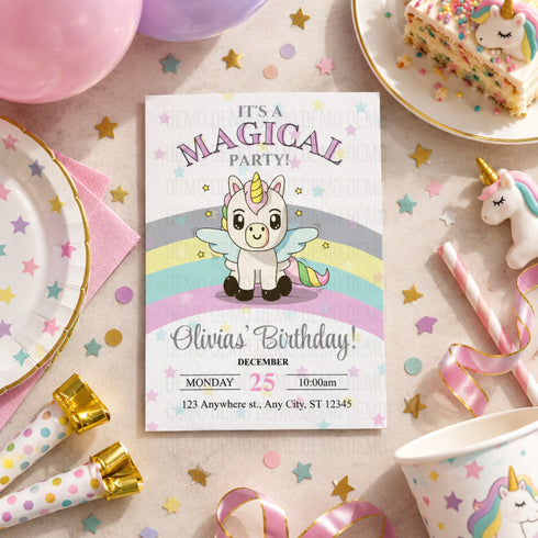 Cute Unicorn Magical Birthday Party Invitation for Kids