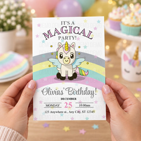 Cute Unicorn Magical Birthday Party Invitation for Kids