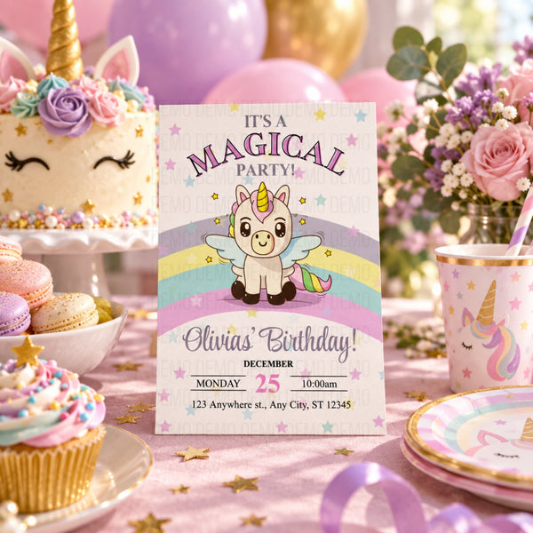Cute Unicorn Magical Birthday Party Invitation for Kids