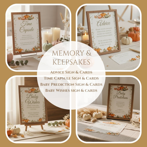 A collage showing four framed fall-themed keepsake sign templates and matching cards arranged on tables with pumpkins, candles, and stationery. A large central white circle reads 'MEMORY & KEEPSAKES' and lists included items such as Time Capsule sign & cards, Advice Sign & Cards, Baby Prediction Sign & Cards, and Baby Wishes Sign & Cards.