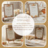 A collage showing four framed fall-themed keepsake sign templates and matching cards arranged on tables with pumpkins, candles, and stationery. A large central white circle reads 'MEMORY & KEEPSAKES' and lists included items such as Time Capsule sign & cards, Advice Sign & Cards, Baby Prediction Sign & Cards, and Baby Wishes Sign & Cards.