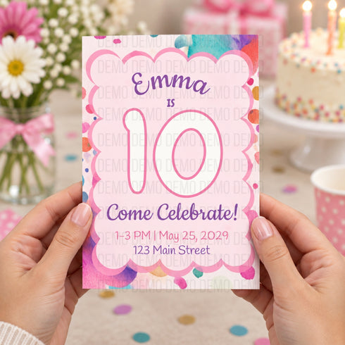 Pink & Purple Watercolor Birthday Invitation