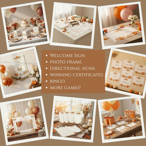 A collage-style promotional graphic showing multiple fall-themed party setup examples around a central brown text panel. The text reads: 'WELCOME SIGN • PHOTO FRAME • DIRECTIONAL SIGNS • WINNING CERTIFICATES • BINGO • MORE GAMES!'.