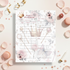Party planner sheet with floral design on a decorative background with party items.
