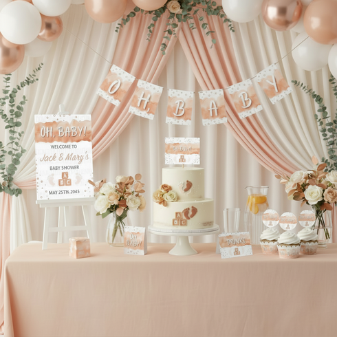 Peach "Oh, Baby" Baby Shower Bundle | Editable Baby Shower Printables
