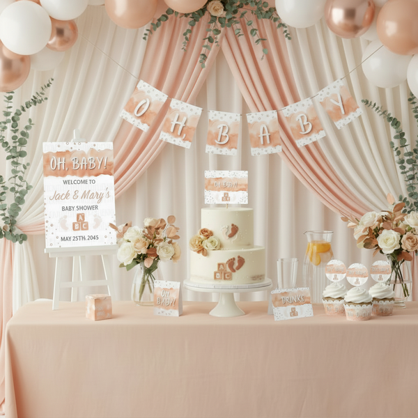 Peach "Oh, Baby" Baby Shower Bundle | Editable Baby Shower Printables
