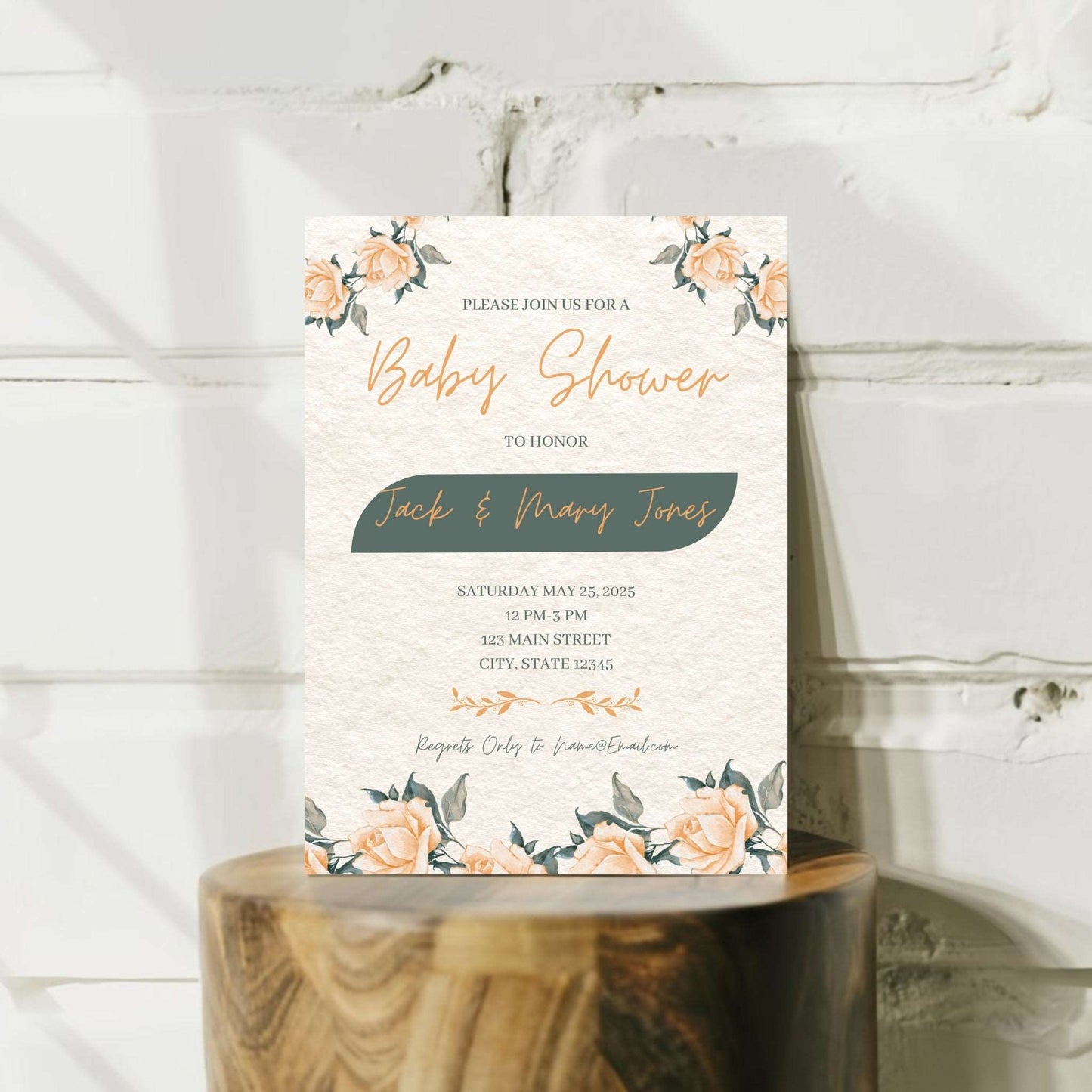 Peach & Green Floral Baby Shower Invite