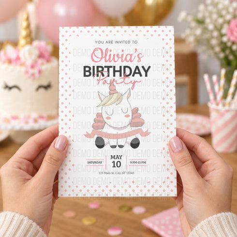 Polka Dot Unicorn Birthday Invitation | Editable Party Invitation