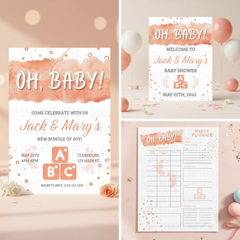 Peach "Oh, Baby" Baby Shower Bundle | Editable Baby Shower Printables