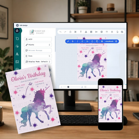 A digital invitation card design shown on a desktop monitor and smartphone, with a printed version of the card placed in front on a desk. The design features a colorful watercolor unicorn and star pattern on a light pink background, with event details including the name 'Olivia's Birthday'.