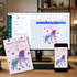 A digital invitation card design shown on a desktop monitor and smartphone, with a printed version of the card placed in front on a desk. The design features a colorful watercolor unicorn and star pattern on a light pink background, with event details including the name 'Olivia's Birthday'.