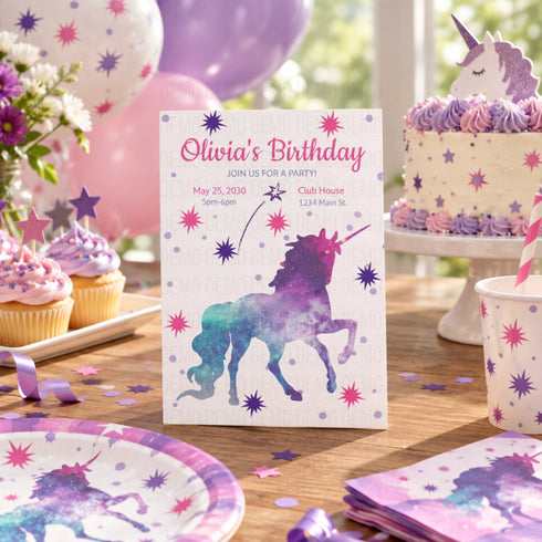 A unicorn birthday party setup with a printed invitation card reading 'Olivia's Birthday' and a purple-and-blue watercolor unicorn design, surrounded by matching paper plates, cups, star confetti, balloons, cupcakes, and a decorated cake.