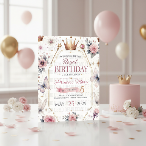 Royal birthday celebration with invitation card, cake, and balloons.