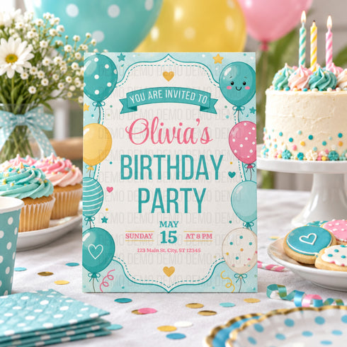 Cute Teal Balloon Birthday Invitation
