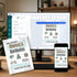 A digital invitation template shown on a desktop monitor, smartphone, and printed card on a desk, with a blurred home office background. The template features a birthday invitation design for 'Owen' with teal and brown text, balloons, a cake, and gift boxes.