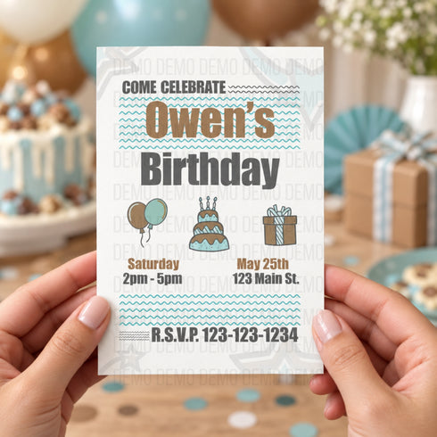 A person holds a printed birthday invitation card in front of a softly blurred party background. The card reads 'Come celebrate Owen's Birthday' with event details and simple birthday-themed illustrations including balloons, a cake, and a gift box.