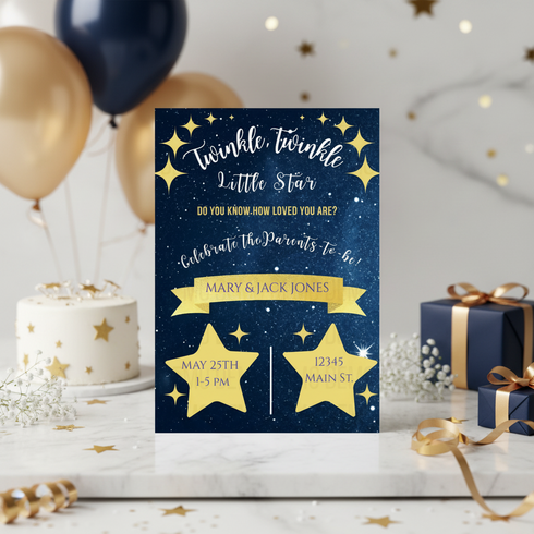 A twin-themed baby shower invitation card styled on a marble surface with balloons, gifts, and confetti. The card has a dark blue starry background with gold text and star graphics.