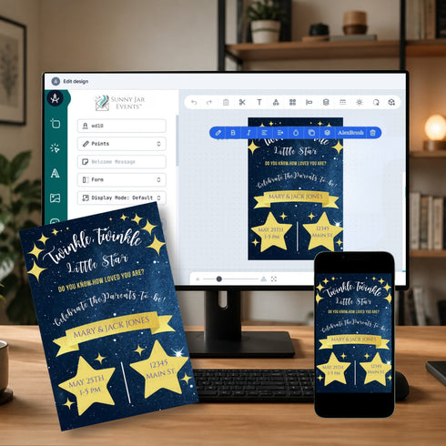 Customizable birthday party invitation templates displayed on a desktop monitor and smartphone screen, with a matching printed card in front on a desk. The design features a navy blue background with yellow stars and banners, and white text, shown in a styled office environment.