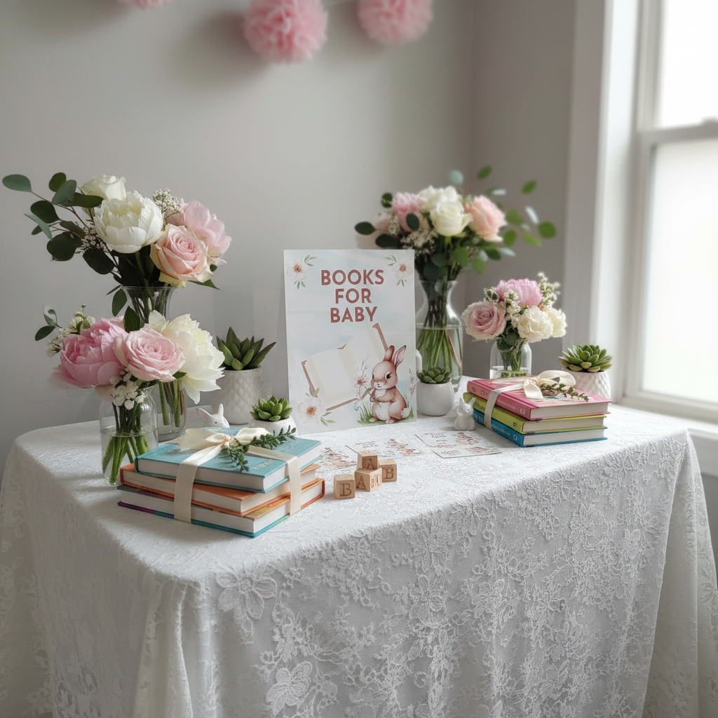 Table with books for baby, flowers, and a sign on a white lace tablecloth.