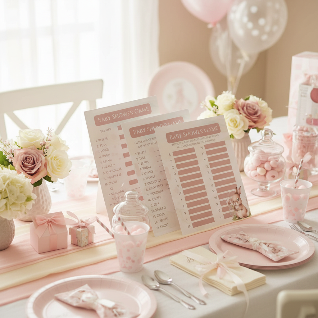 Baby shower table setup with pink and white decorations, including balloons and floral arrangements.