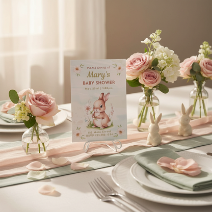 Baby shower table setting with floral arrangements and a baby shower invitation card.