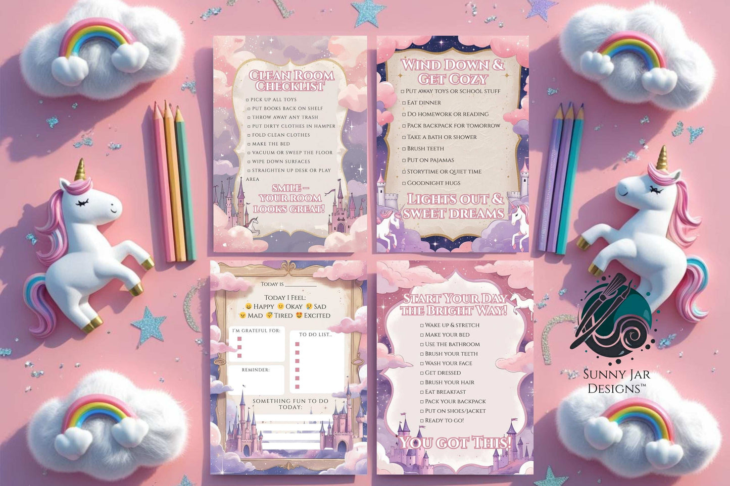 Unicorn Kids Daily Routine Printable Set – 4 Chart Bundle (Editable) | Getting Ready, Daily Planner, Evening Routine, Room Cleaning
