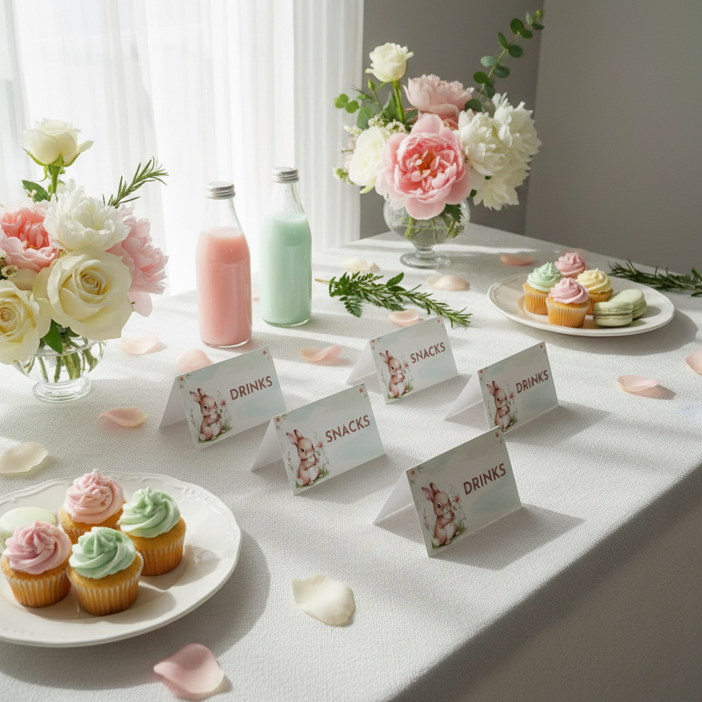 Table setting with pastel cupcakes, flowers, and labeled card holders on a light surface.