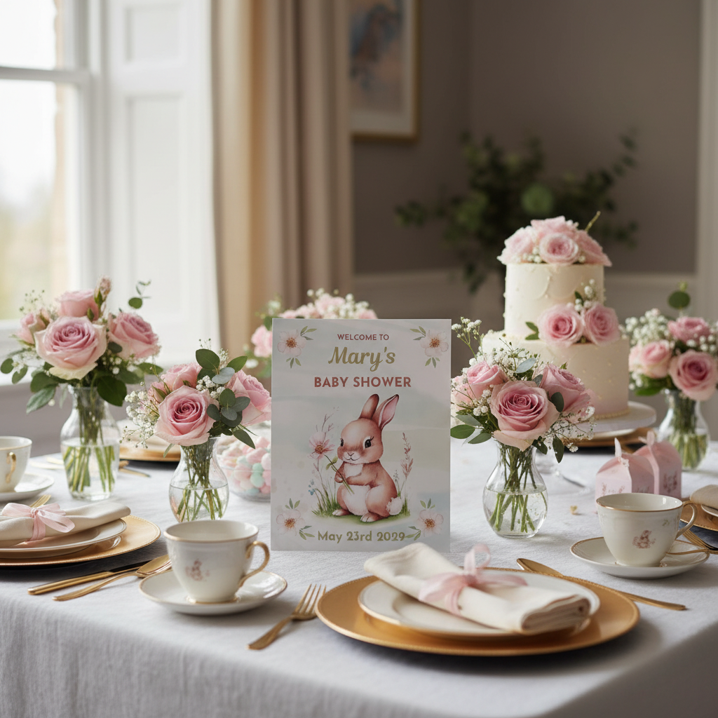 Baby shower table setting with cake, flowers, and a card on a white tablecloth.