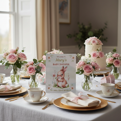Baby shower table setting with cake, flowers, and a card on a white tablecloth.