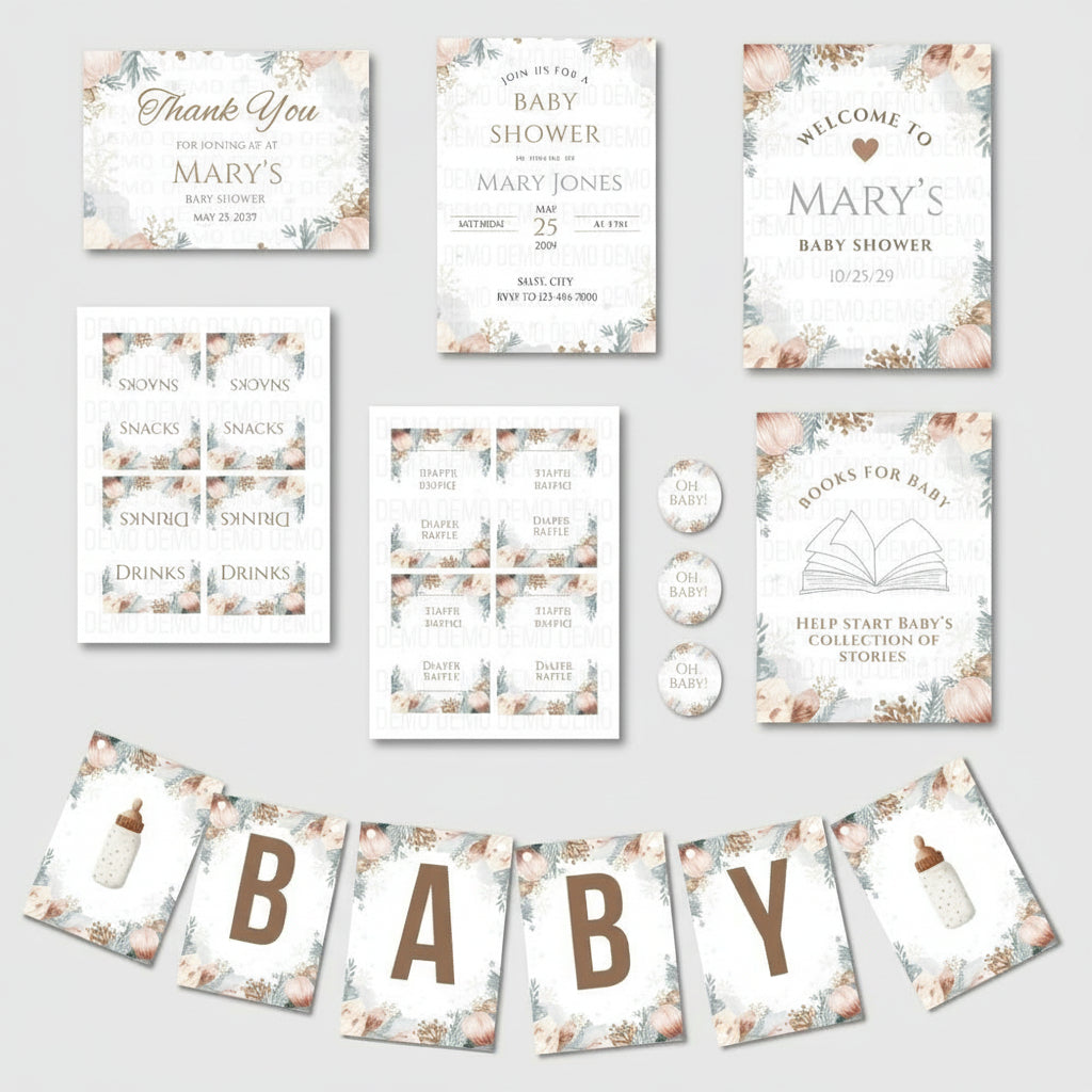 Collection of baby shower invitations, signs, and decorations on a white background