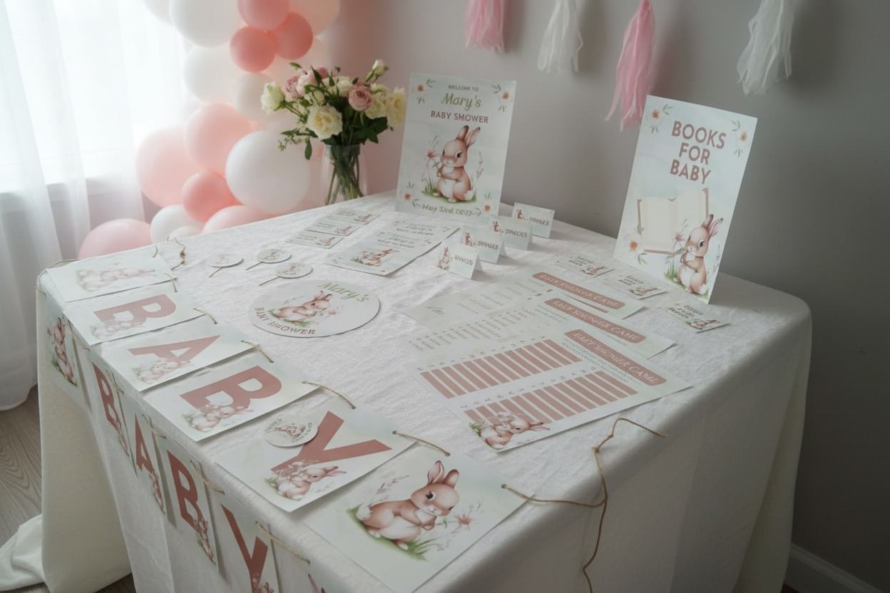 Bunny Baby Shower Printable Bundle – Neutral Spring Bunny Theme