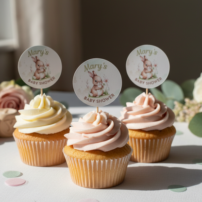 Cupcakes with pink frosting and 'Mary's Baby Shower' toppers on a decorative tablecloth with flowers in the background.