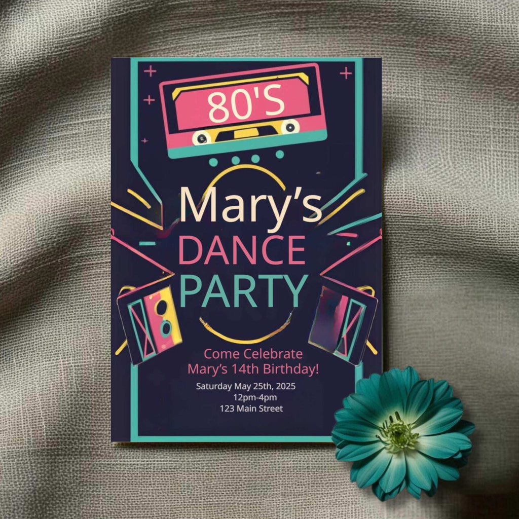 Party invitation for a 14th birthday dance party in the 80s style on a textured fabric background.