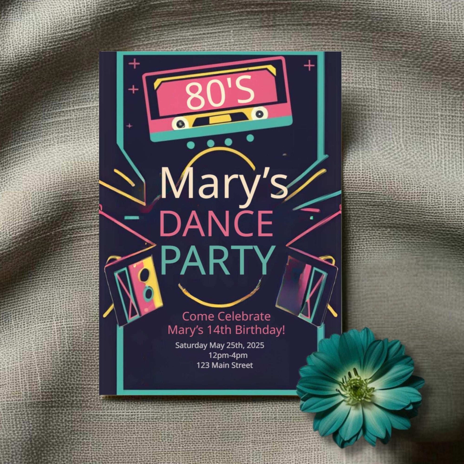 Party invitation for a 14th birthday dance party in the 80s style on a textured fabric background.