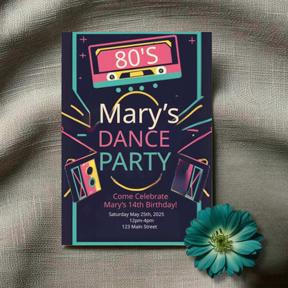 Party invitation for a 14th birthday dance party in the 80s style on a textured fabric background.