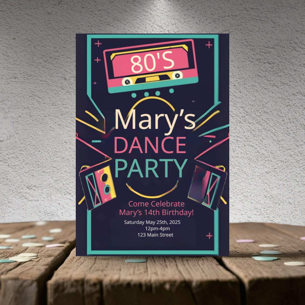 Party invitation for a 14th birthday dance party with 80s theme on a wooden surface.