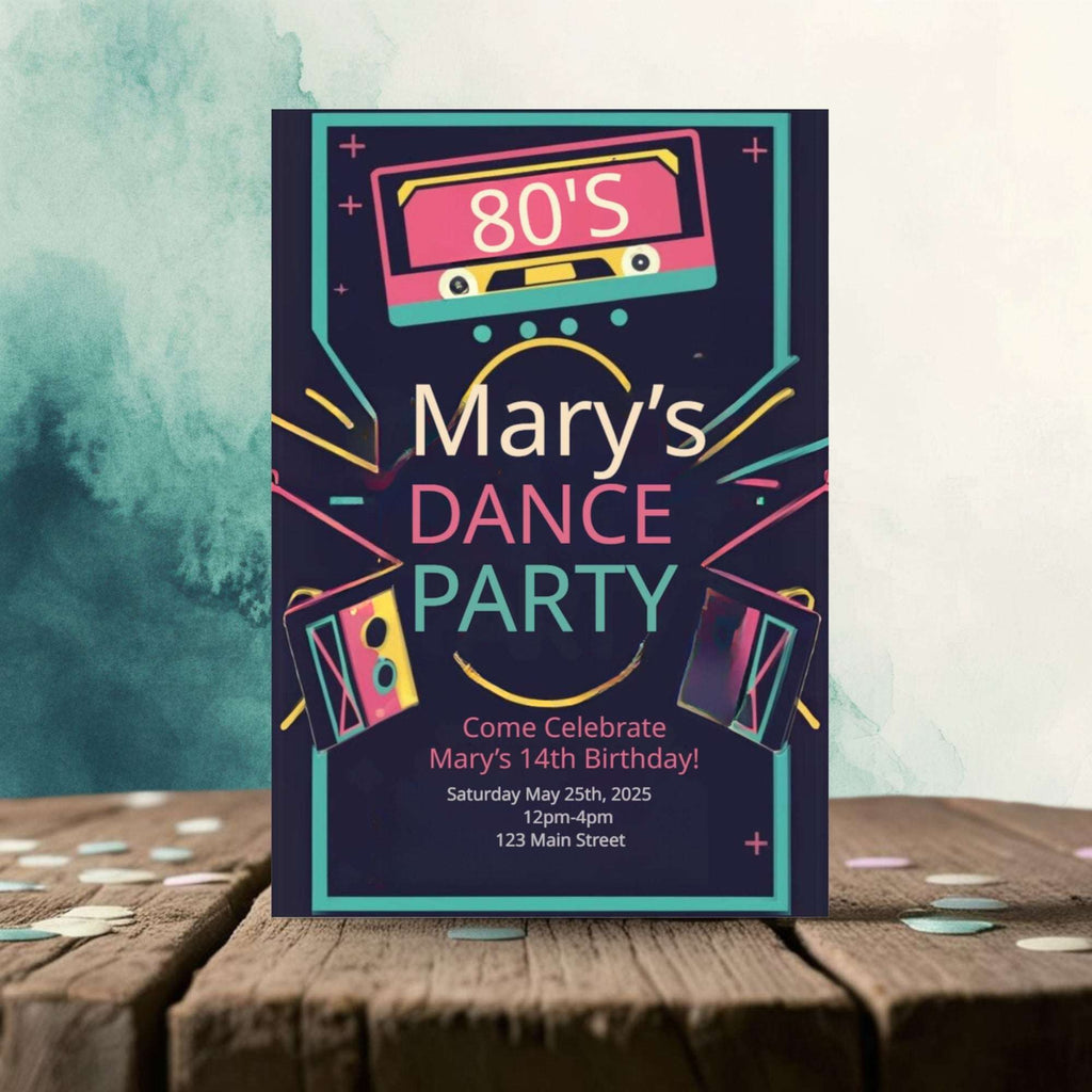 Party invitation for 'Mary's Dance Party' in the 80s style on a wooden surface with a colorful background.