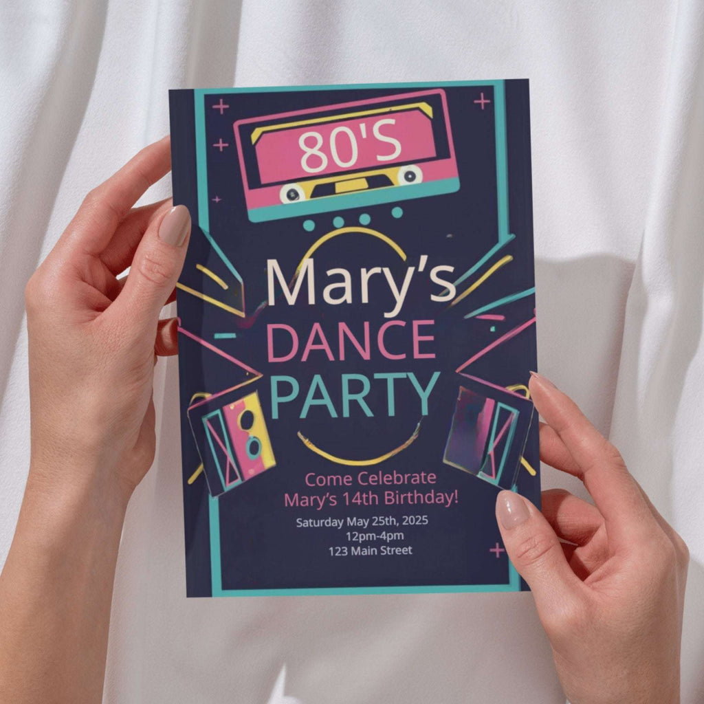 Hand holding a 'Mary's Dance Party' invitation with 80s theme design.