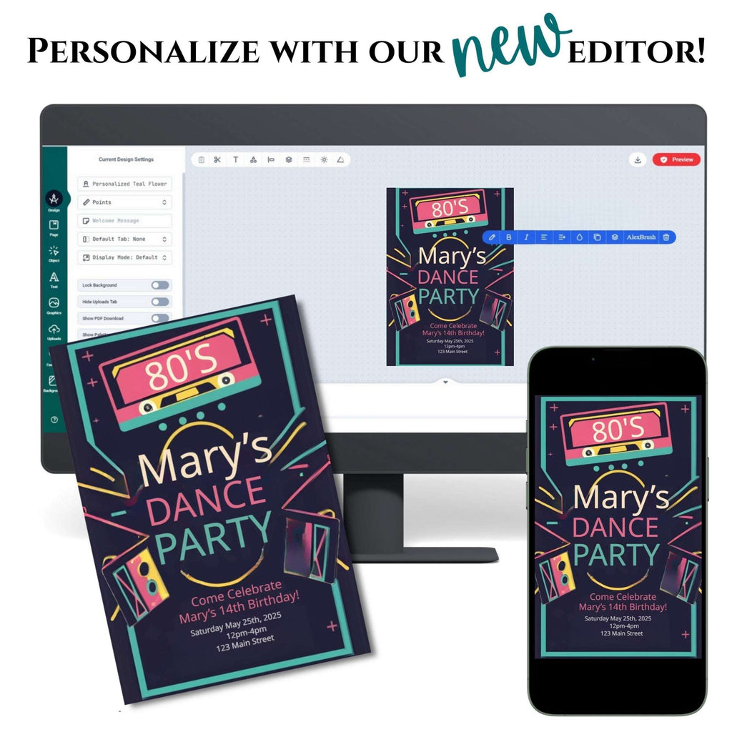 Digital invitation editor with a 'Mary's Dance Party' design on a computer, phone, and paper.