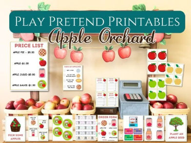 Printable pretend play materials for an apple orchard, including price lists, apple images, and a play cash register.