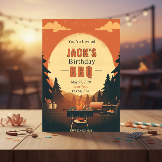 Birthday BBQ invitation card with sunset and grill design on a wooden table.